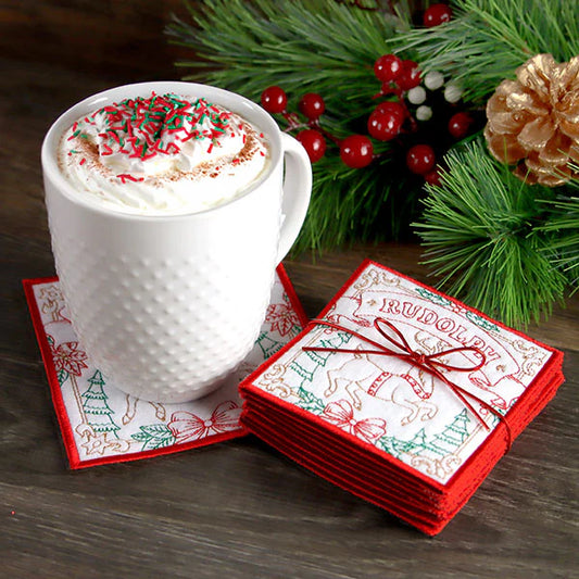 Set of 4 Padded Square Coasters - Santa's Reindeer