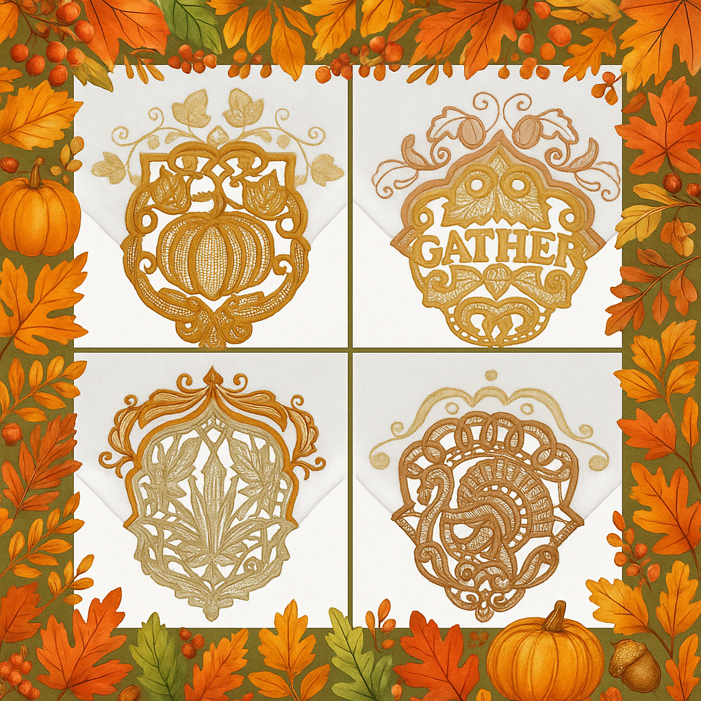 Linen Table Napkin 20x20-Lace Corners Thanksgiving (45,000 to 55,000 stitches)