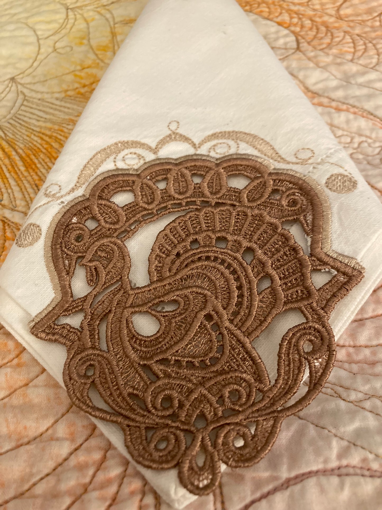 Linen Table Napkin 20x20-Lace Corners Thanksgiving (45,000 to 55,000 stitches)