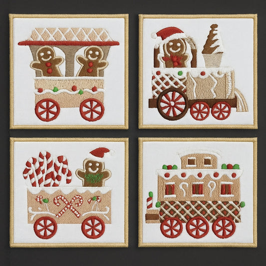 Set of 2 Padded Square Coasters-Gingerbread Train