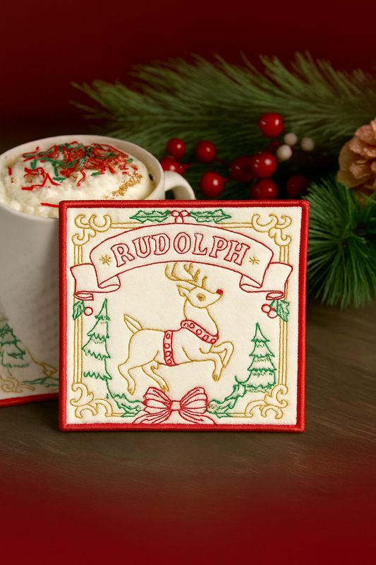 Set of 4 Padded Square Coasters - Santa's Reindeer