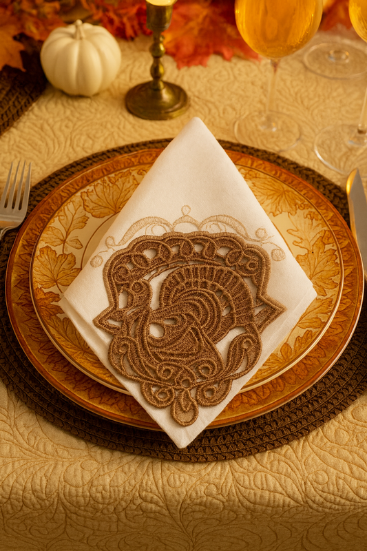 Linen Table Napkin 20x20-Lace Corners Thanksgiving (45,000 to 55,000 stitches)