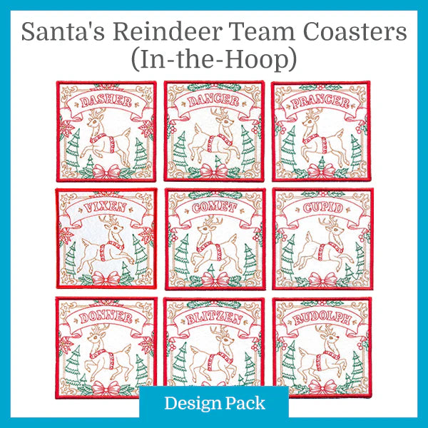 Set of 4 Padded Square Coasters - Santa's Reindeer