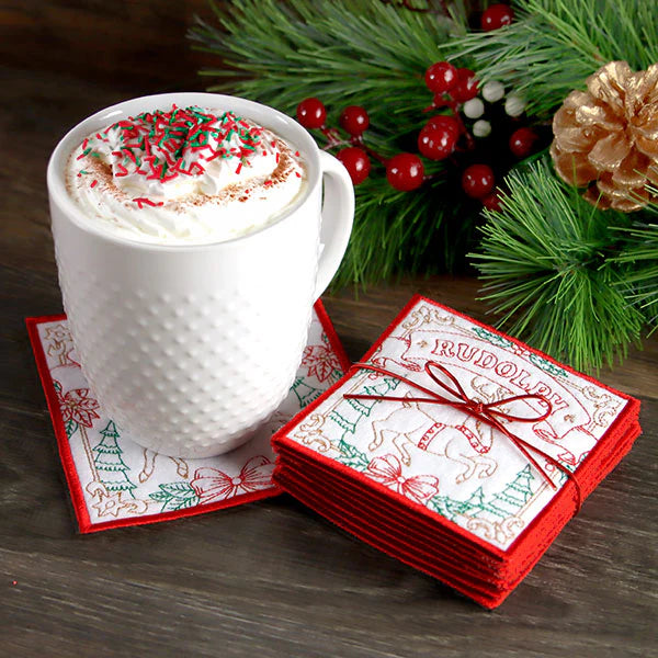 Set of 4 Padded Square Coasters - Santa's Reindeer