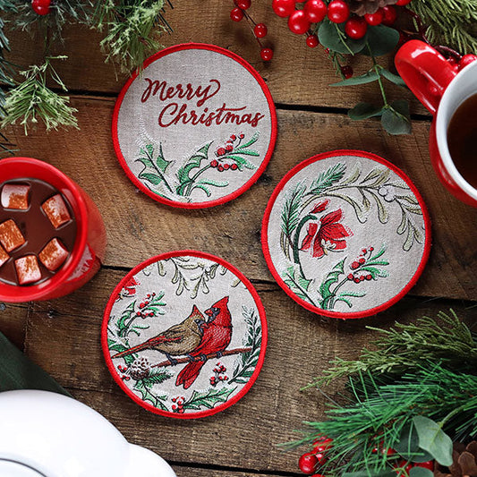Set of 2 Round Linen Padded Coasters - Very Merry Christmas